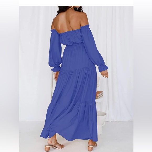 Off Shoulder Long Sleeve Smocked High Waist Side Split Flowy Long Maxi Dress - Picture 2 of 4
